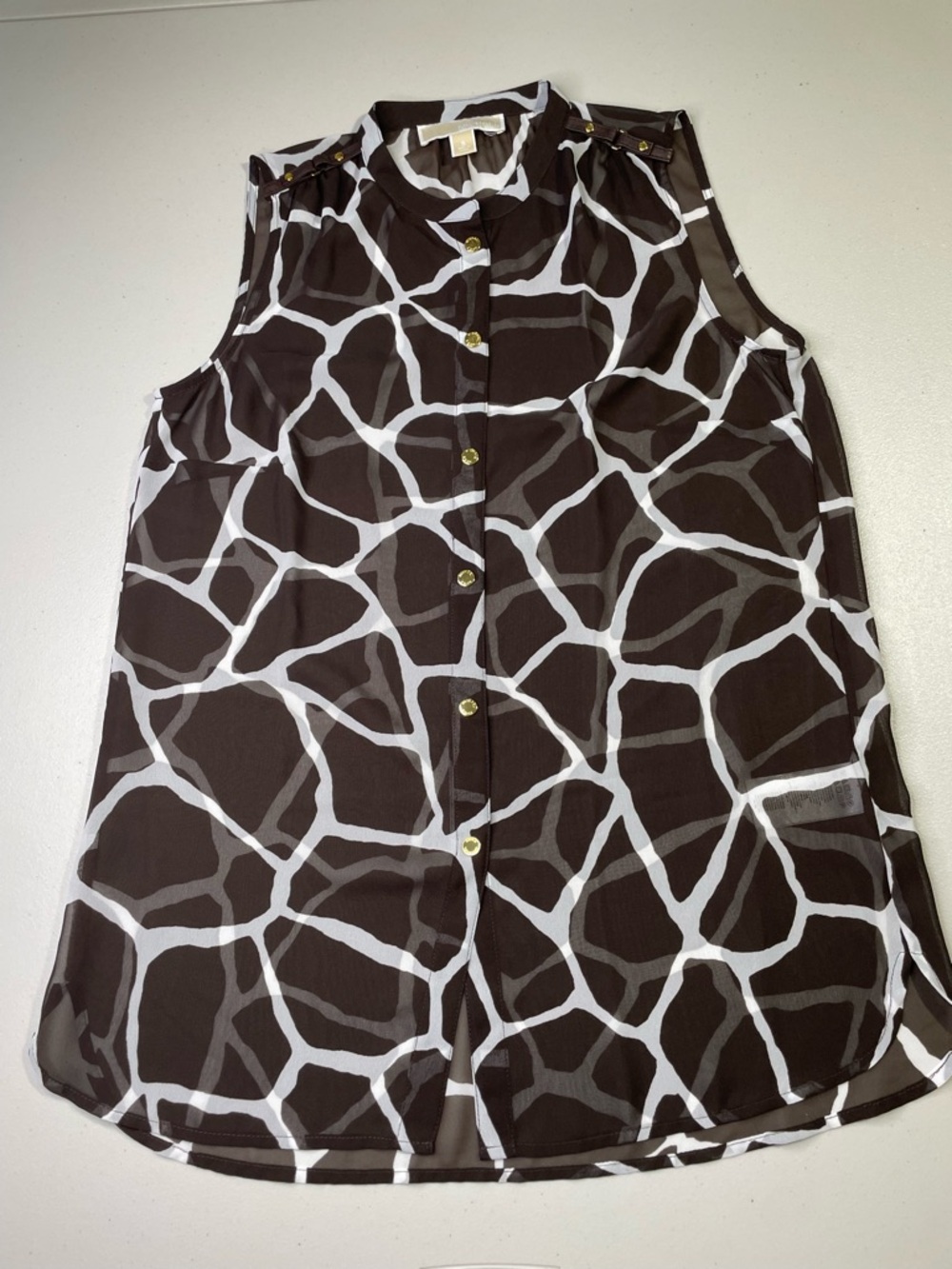 Michael Michael Kors Small Brown & White Sheer Animal-Print Sleeveless Blouse GC